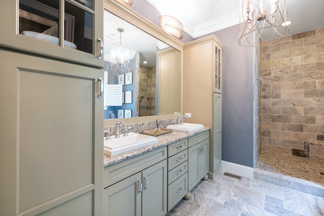 Gray bathroom cabinets what color walls?