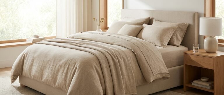beige bed linen