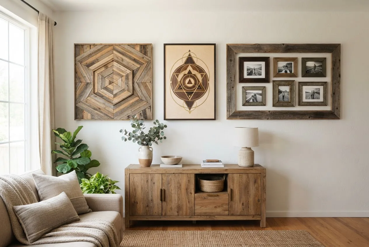 a bright living room wall display featuring several handmade wooden art pieces — a pallet plank geometric panel, a modern plywood inlay