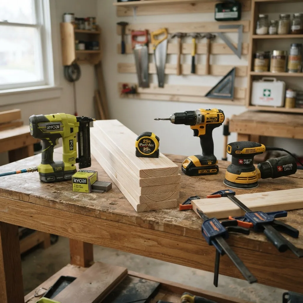 a tidy workbench with essential woodworking tools: orbital sander, cordless drill, clamps, tape measure, brad nailer, and a small stack of