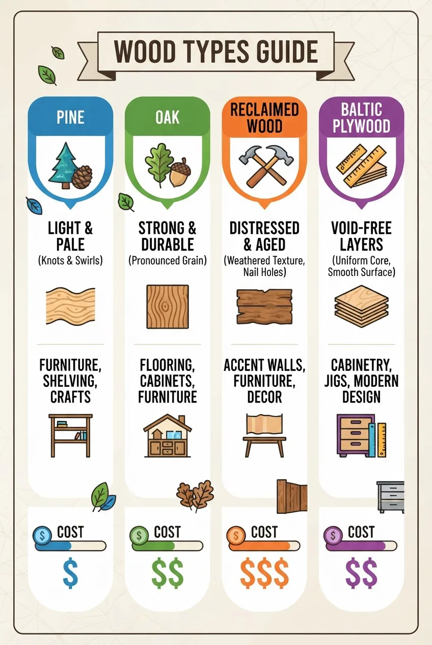 summarizing four wood types: Pine, Oak, Reclaimed Wood, Baltic Plywood. Four columns with an icon above each, two short stats below (look &